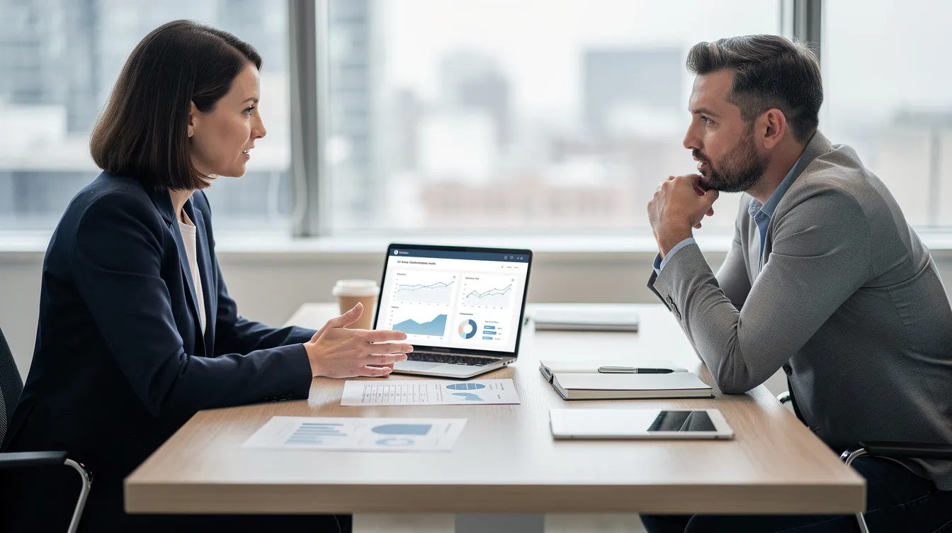 0e85e2a3 f568 4677 a1c7 f39bb343aa4a A professional advisor is seated across a desk from a small business owner, discussing business strategy and financial assistance options, including business loans and the Mudra scheme. The advisor is reviewing documents related to the loan process, such as bank statements and the business plan, to help the owner understand their credit needs and eligibility criteria for collateral-free loans.