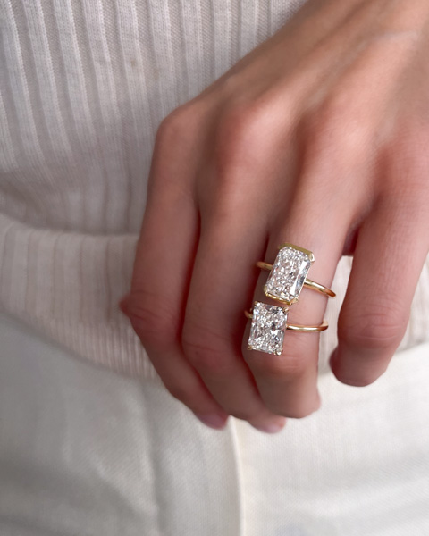 Diamantes de talla radiante alargados de buena piedra tanto en diamantes creados en laboratorio como en diamantes extraídos