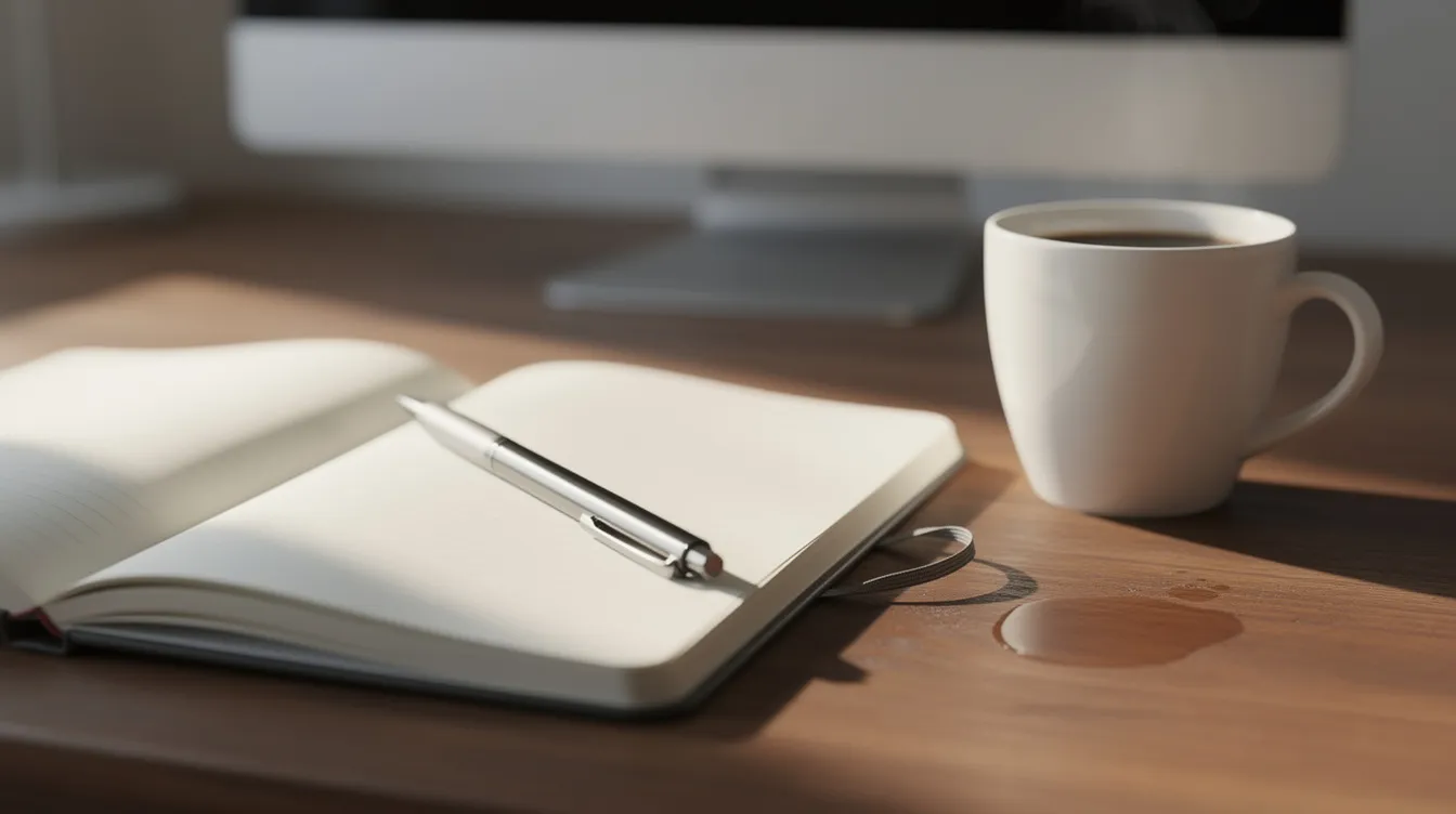 L'image montre un carnet ouvert sur un bureau en bois, avec un stylo posé dessus, à côté d'une tasse de café. En arrière-plan, un écran d'ordinateur suggère un environnement de travail propice au leadership et à la gestion d'équipes.