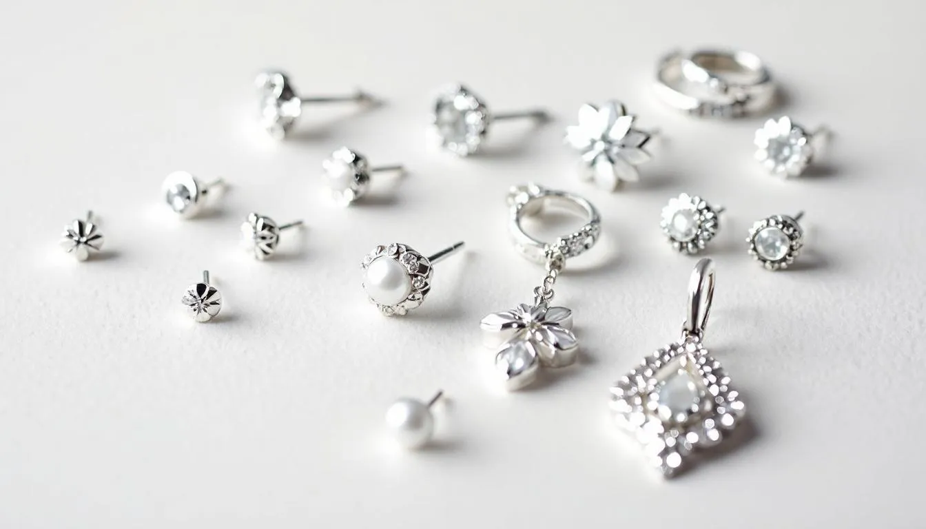 The image showcases a fantastic selection of 925 sterling silver earrings available in the UK, featuring a variety of styles including classic silver studs, elegant drop earrings, and trendy hoop earrings. The collection is perfect for gifting, with options that include sparkling crystals and colorful stones like amethyst and aquamarine, catering to diverse tastes and occasions.