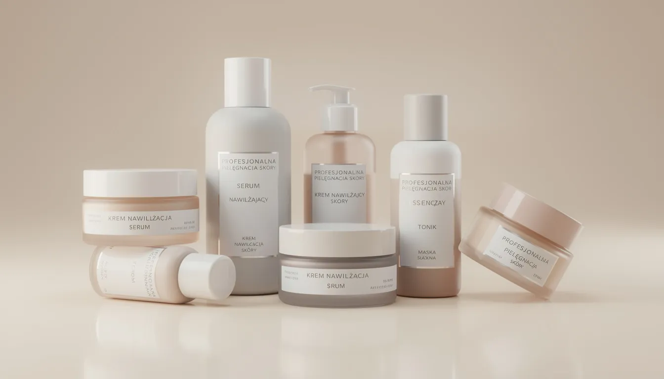 Na jasnym tle znajdują się elegancko ułożone buteleczki i słoiczki z profesjonalnymi kosmetykami do pielęgnacji skóry, które mogą być stosowane w dermatologii estetycznej oraz w leczeniu chorób skóry, takich jak trądzik czy łuszczyca. Te kosmetyki są idealne dla pacjentów poszukujących skutecznych rozwiązań dla problemów skórnych.