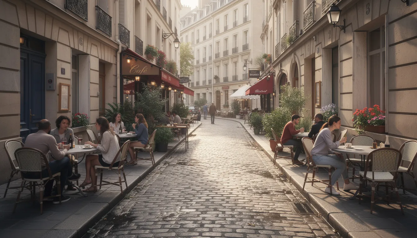 A narrow cobblestone street in Le Marais features historic stone buildings and small café terraces where people are enjoying their time outside. This charming neighborhood is perfect for a leisurely stroll, offering a glimpse into the rich history and vibrant culture of Paris.