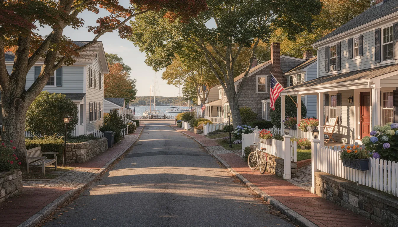 The image depicts a picturesque New England coastal village street lined with historic homes and lush trees, capturing the charm of the Connecticut shoreline. This serene setting evokes a sense of community and pride, perfect for service members and their families considering the home buying process in Fairfield County.
