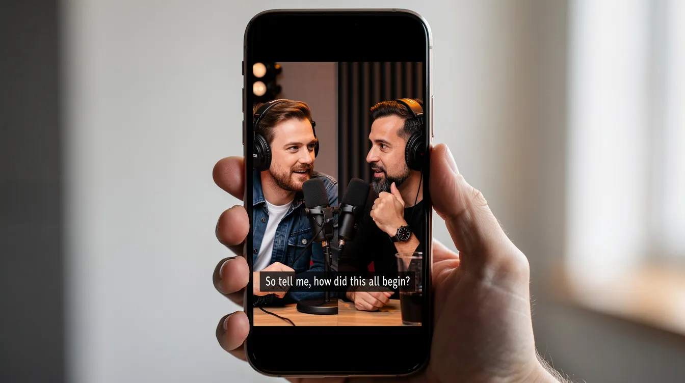 A smartphone is displaying a vertical video clip of a podcast interview, complete with burned-in captions for accessibility. This visual highlights the importance of quality podcast editing and production services in creating engaging podcast episodes.