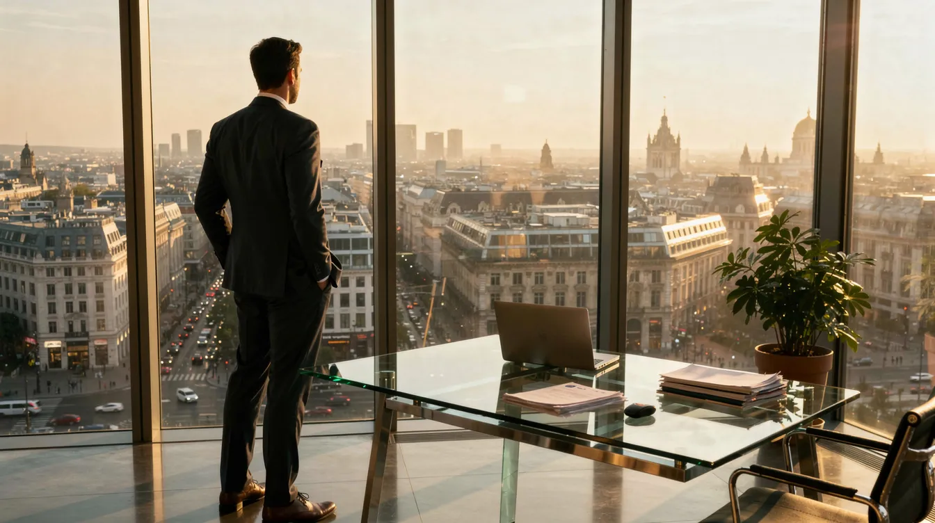 Een jonge ondernemer kijkt uit over de stad vanuit zijn kantoorraam, terwijl hij nadenkt over zijn ervaringen en de toekomst van zijn bedrijf. Op de achtergrond zijn de skyline van de stad en de drukte van Nederland zichtbaar.