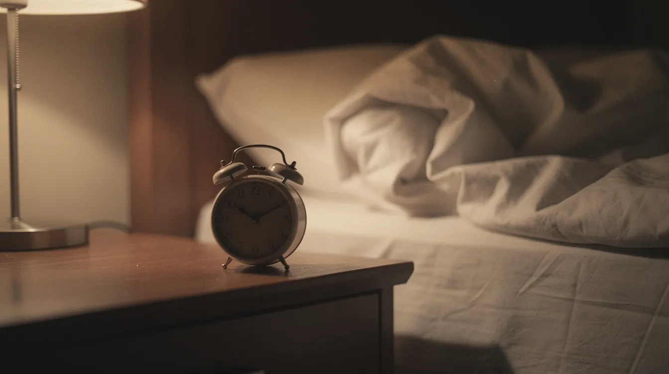 The image depicts a bedside table with a clock in a dimly lit room, featuring rumpled bed sheets that suggest a sense of rest and the passage of time. This setting may evoke feelings related to meth withdrawal, as the quiet atmosphere reflects the emotional distress and fatigue often experienced during the recovery journey from methamphetamine dependence.