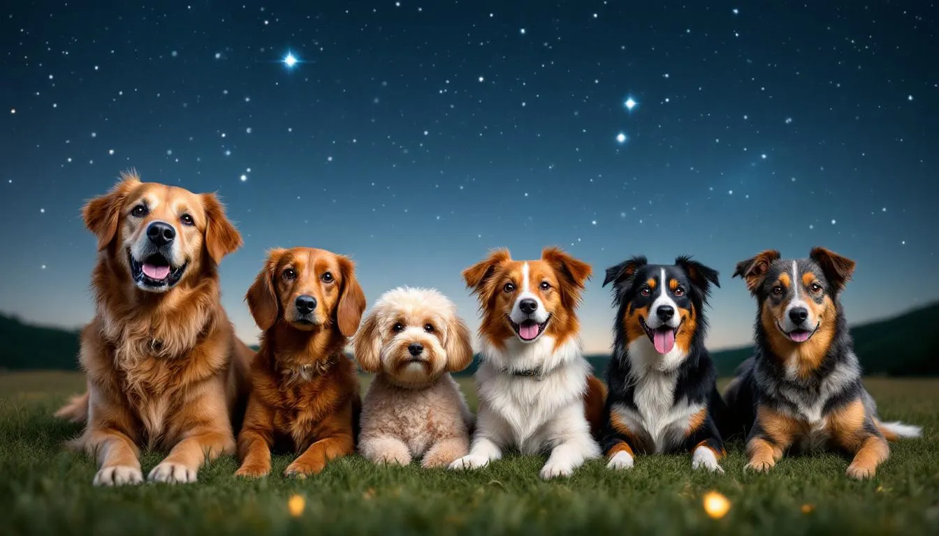A diverse group of dogs, including a golden retriever and a shiba inu, sit together under a starry sky, embodying the unique traits of various dog zodiac signs. This heartwarming scene captures their playful spirits and the strong bonds they share as beloved pets and companions.