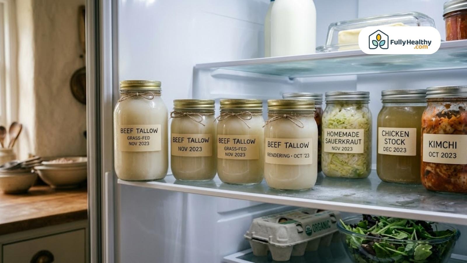 Jars of beef tallow stored in refrigerator alongside homemade preserved foods