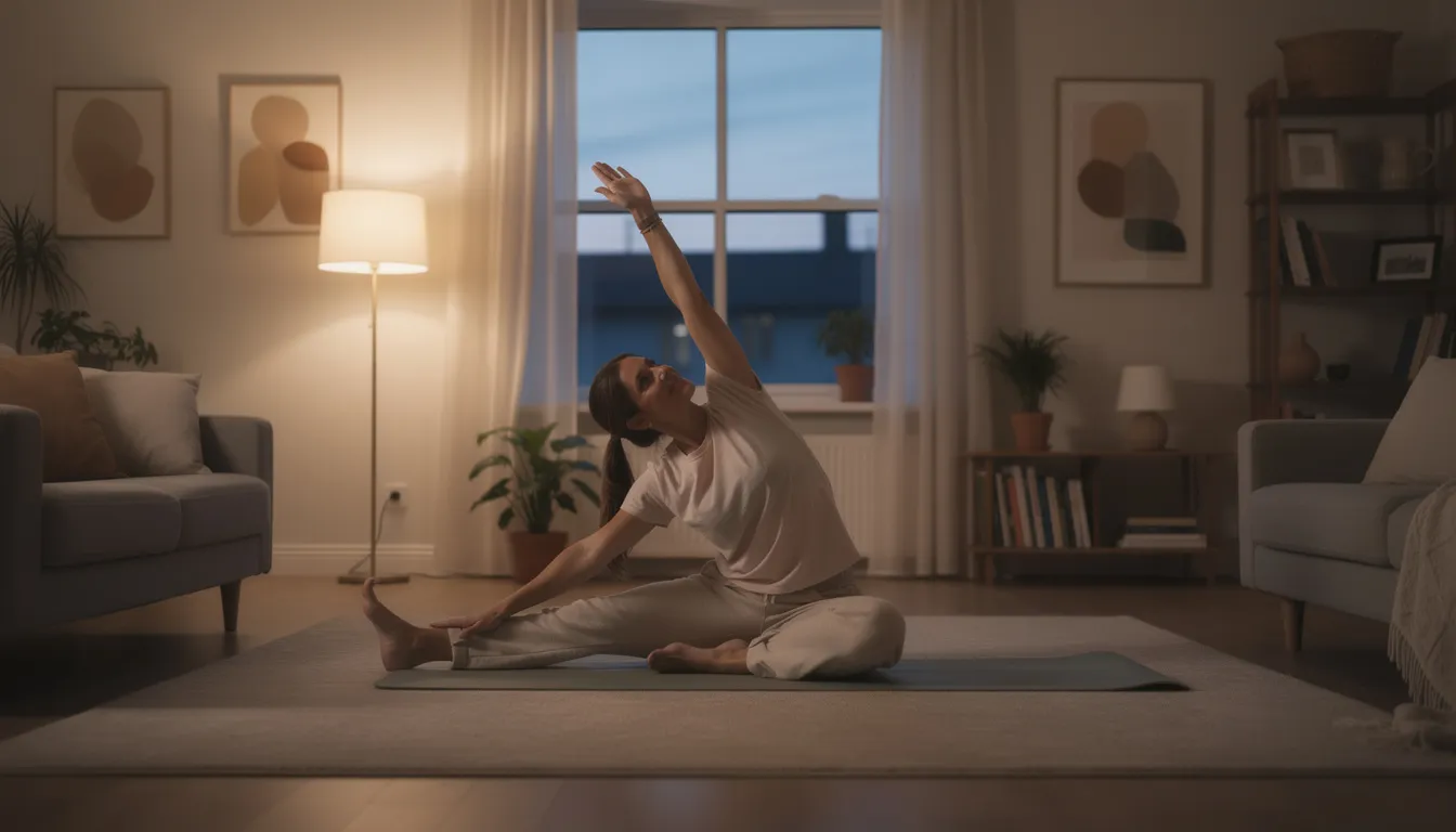 A person is performing gentle stretching exercises in a calm living room during the evening, promoting relaxation and potentially improving sleep quality. The serene environment may contribute to better sleep patterns and overall well-being.
