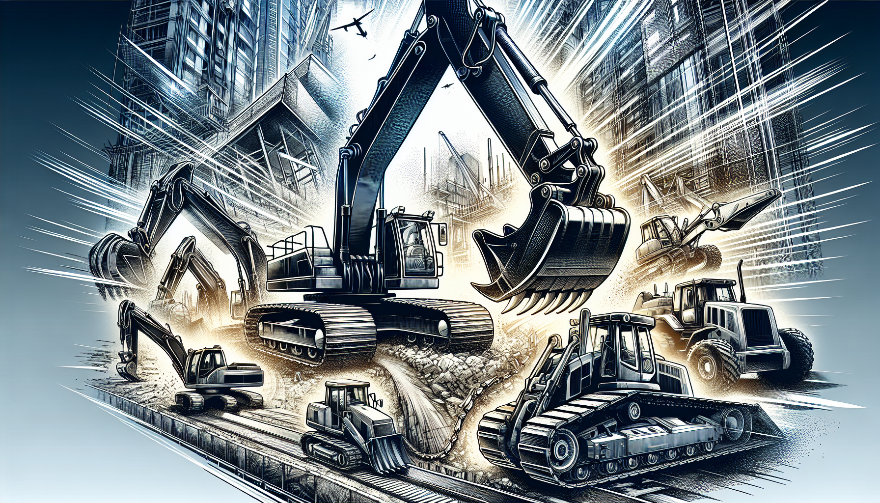 Illustration of various heavy equipment used in the construction industry