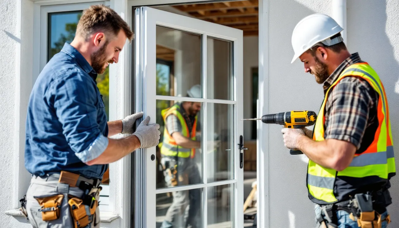 Ein qualifizierter Handwerker montiert professionell eine Kunststoff-Terrassentür in einem modernen Wohnhaus. Die Balkontür aus Kunststoff bietet eine ansprechende Gestaltung und sorgt für optimalen Zugang zur Terrasse, während sie gleichzeitig hohe Wärme- und Schallschutzwerte gewährleistet.