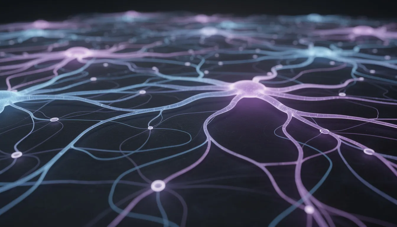 The image depicts an abstract visualization of interconnected digital neural pathways that glow in vibrant shades of blue and purple, symbolizing the complexity of generative artificial intelligence and machine learning models. This artistic representation evokes the intricate workings of neural networks and their role in content creation and data analysis.
