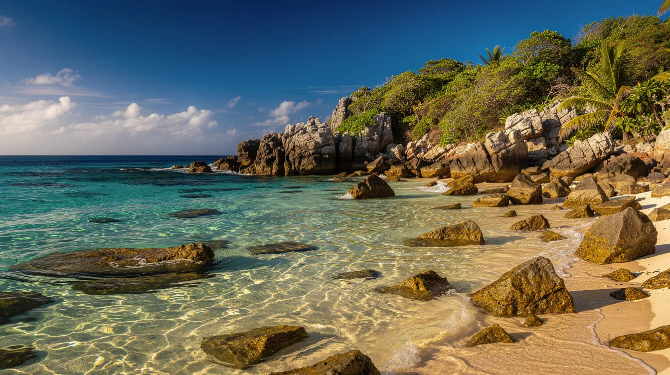 A imagem apresenta águas cristalinas de um azul turquesa, rodeadas por uma costa rochosa de uma ilha caribenha, com um céu azul claro ao fundo. Este cenário paradisíaco é típico das ilhas ABC, como Curaçao, e evoca sonhos de férias em um destino tropical.