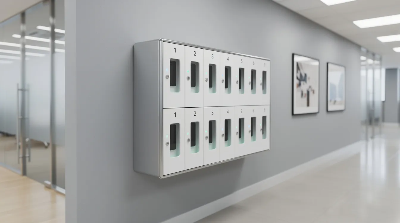 The image shows a modern wall-mounted phone charging locker with 16 small numbered doors, designed to provide secure storage for personal devices in a clean office hallway. This smart charging locker offers integrated charging solutions for mobile devices, ensuring secure access and preventing theft of valuables.