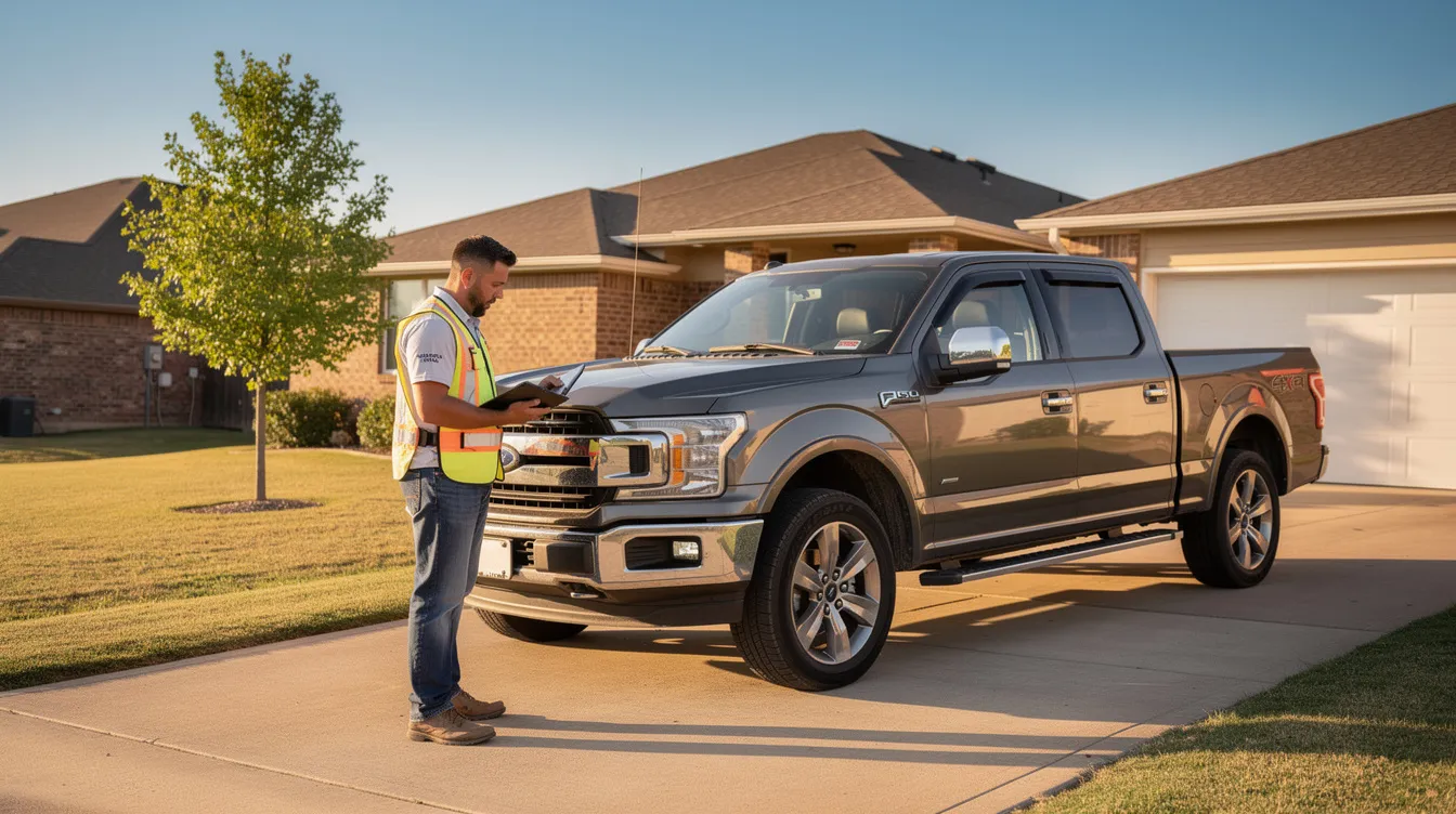 A professional is inspecting a newly delivered vehicle in a suburban Oklahoma driveway, ensuring it arrived safely and without damage. This scene highlights the importance of reliable auto transport services in Oklahoma, specifically for car shipping and vehicle transport needs.