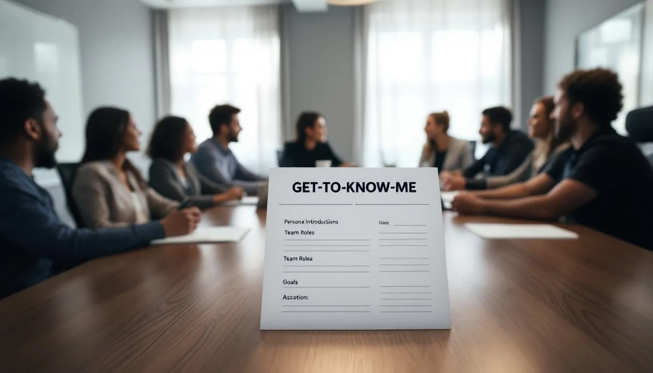 In this image, an employer is leading an introduction meeting for new employees, with a meeting agenda template laid out on the table that includes notes for introductions, team discussions, and feedback questions, fostering a get-to-know atmosphere among team members. The setting emphasizes the opportunity for people to connect and build relationships within the company.