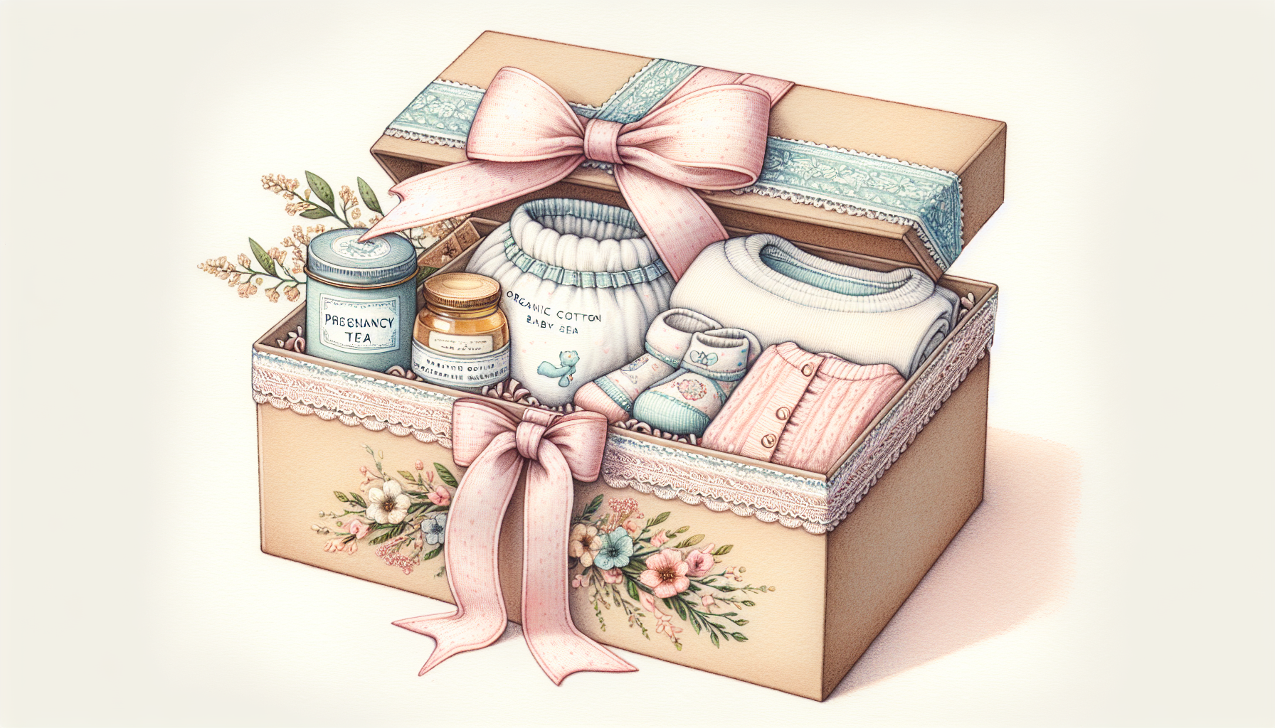 Eine liebevoll gestaltete Schwangerschafts-Geschenkbox mit verschiedenen Artikeln wie Schwangerschaftstees und Babysets