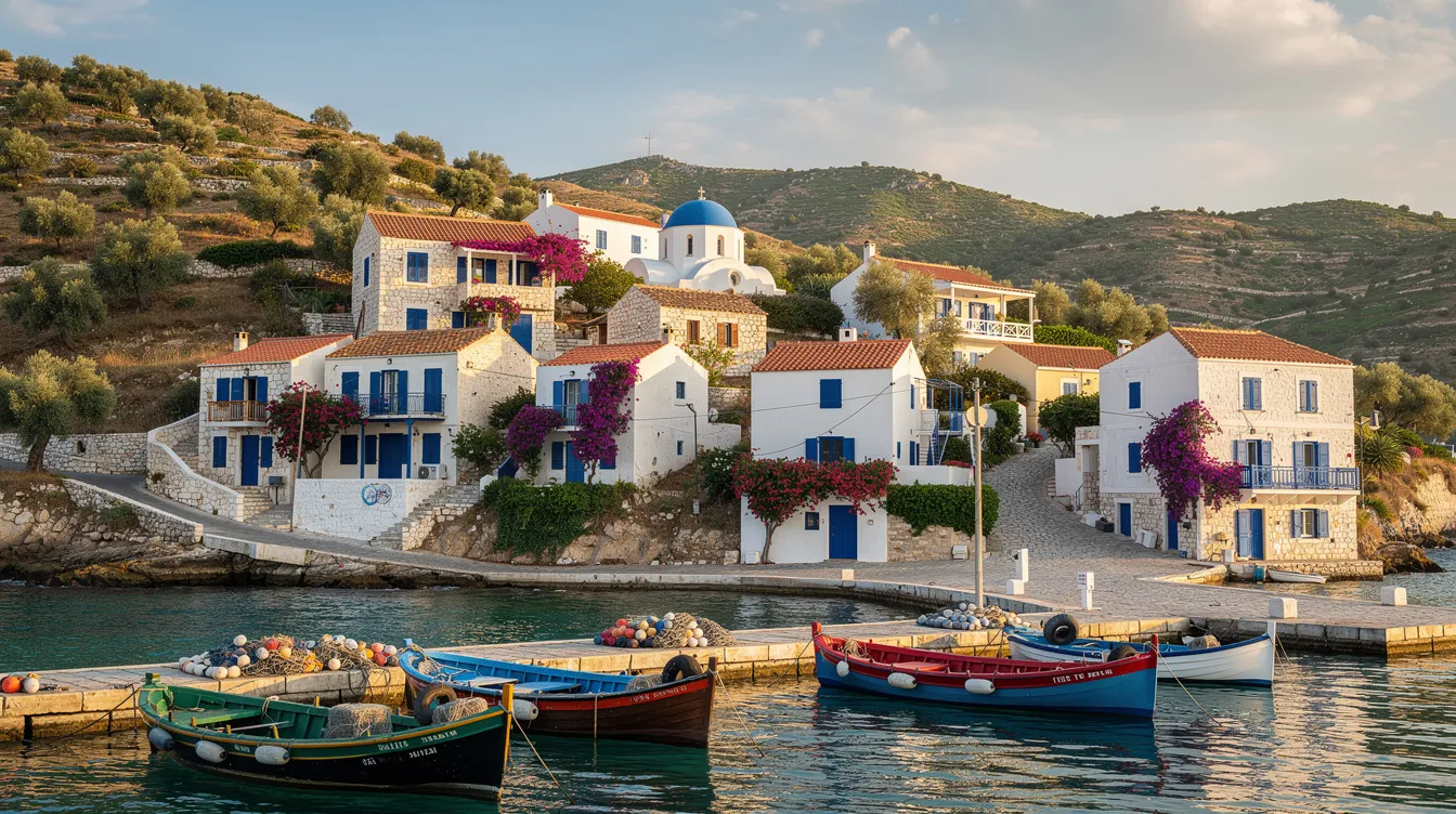Das Bild zeigt ein traditionelles griechisches Dorf an einer grünen Küste, umgeben von sanften Hügeln und dem blauen Meer. In der Nähe liegen farbenfrohe Fischerboote, die eine einladende Atmosphäre für einen Urlaub in Griechenland schaffen, ideal für Erholung und kulturelle Entdeckungen.