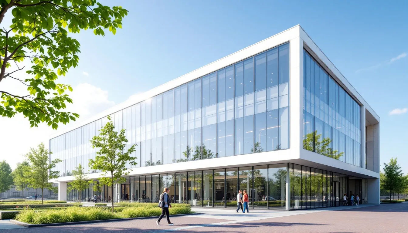 Een modern kantoorgebouw met een glazen gevel staat in Nederland, omringd door groene bomen en een helderblauwe lucht. Dit gebouw, dat een voorbeeld is van hedendaagse architectuur, biedt een aantrekkelijke werkplek voor de leden van een beperkte aansprakelijkheidsmaatschappij (LLC).