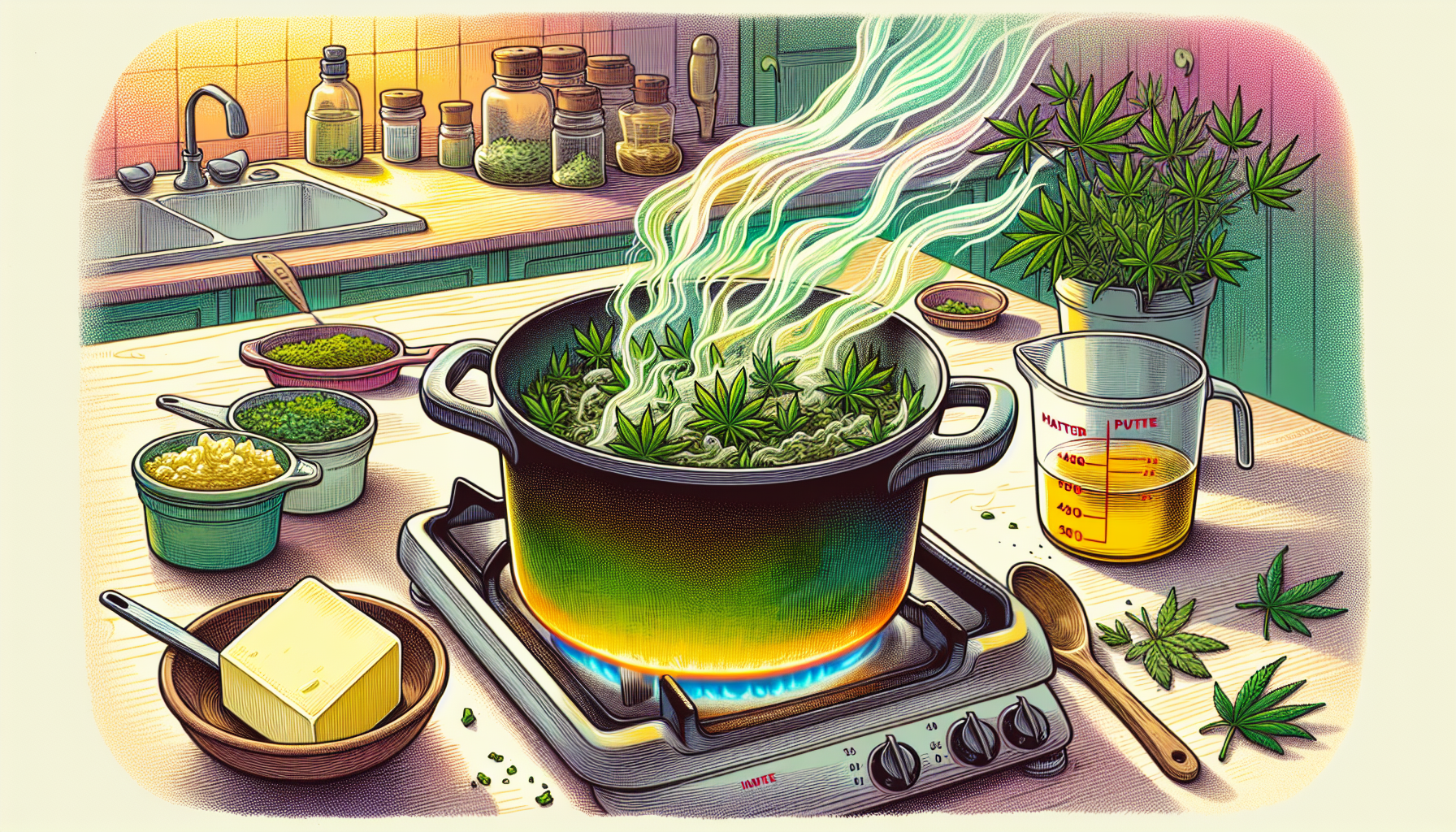 An illustration of the cannabis infusion process for making cannabutter.