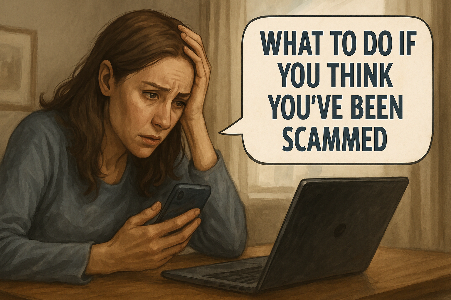 A semi-realistic illustration of a worried woman reviewing scam alerts on her laptop and phone, representing what to do if you think you’ve been scammed.