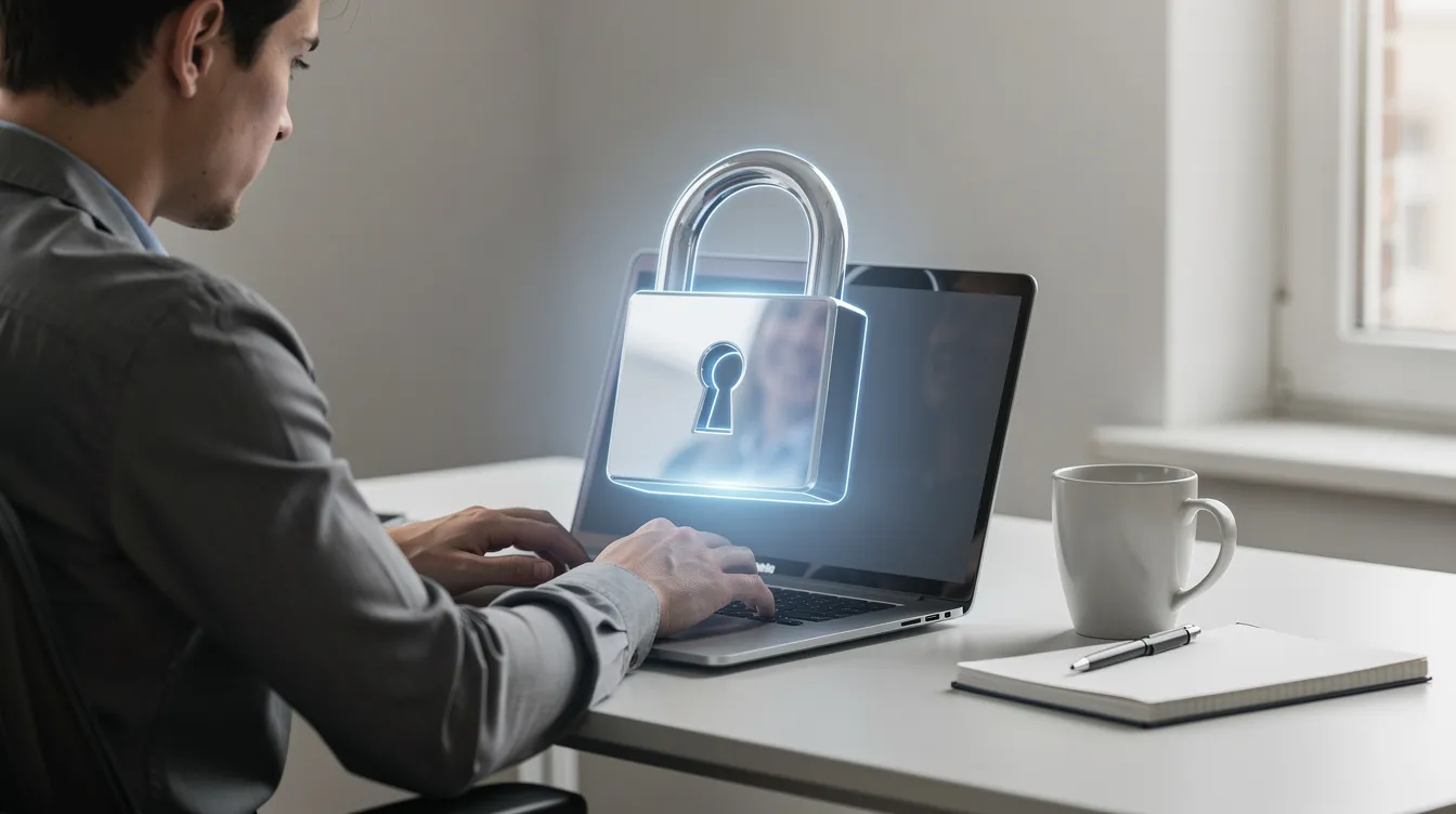 A laptop with a padlock symbol representing digital access controls