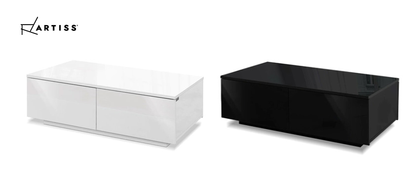 Two Artiss handleless 4drawer coffee tables in black and white. Both models have a high gloss UV finish.