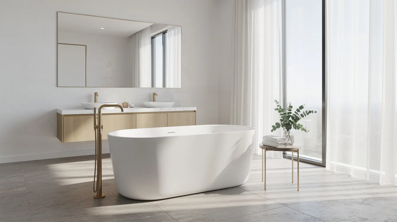 The image depicts a luxury freestanding soaking tub positioned in a bright and airy master bathroom, showcasing elegant lighting fixtures and a spacious vanity area. This serene setting highlights high-end bathroom fixtures and premium materials, perfect for a bathroom remodeling project focused on luxury features.