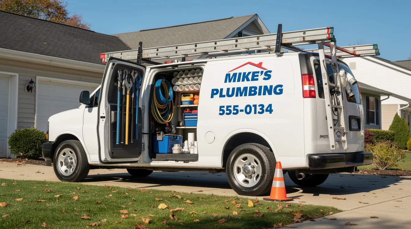 A plumber's work van is parked in a residential driveway, showcasing various plumbing equipment such as pipes and tools visible in the open back. This reliable service vehicle is ready to assist with plumbing problems or maintenance services for both residential and commercial properties.