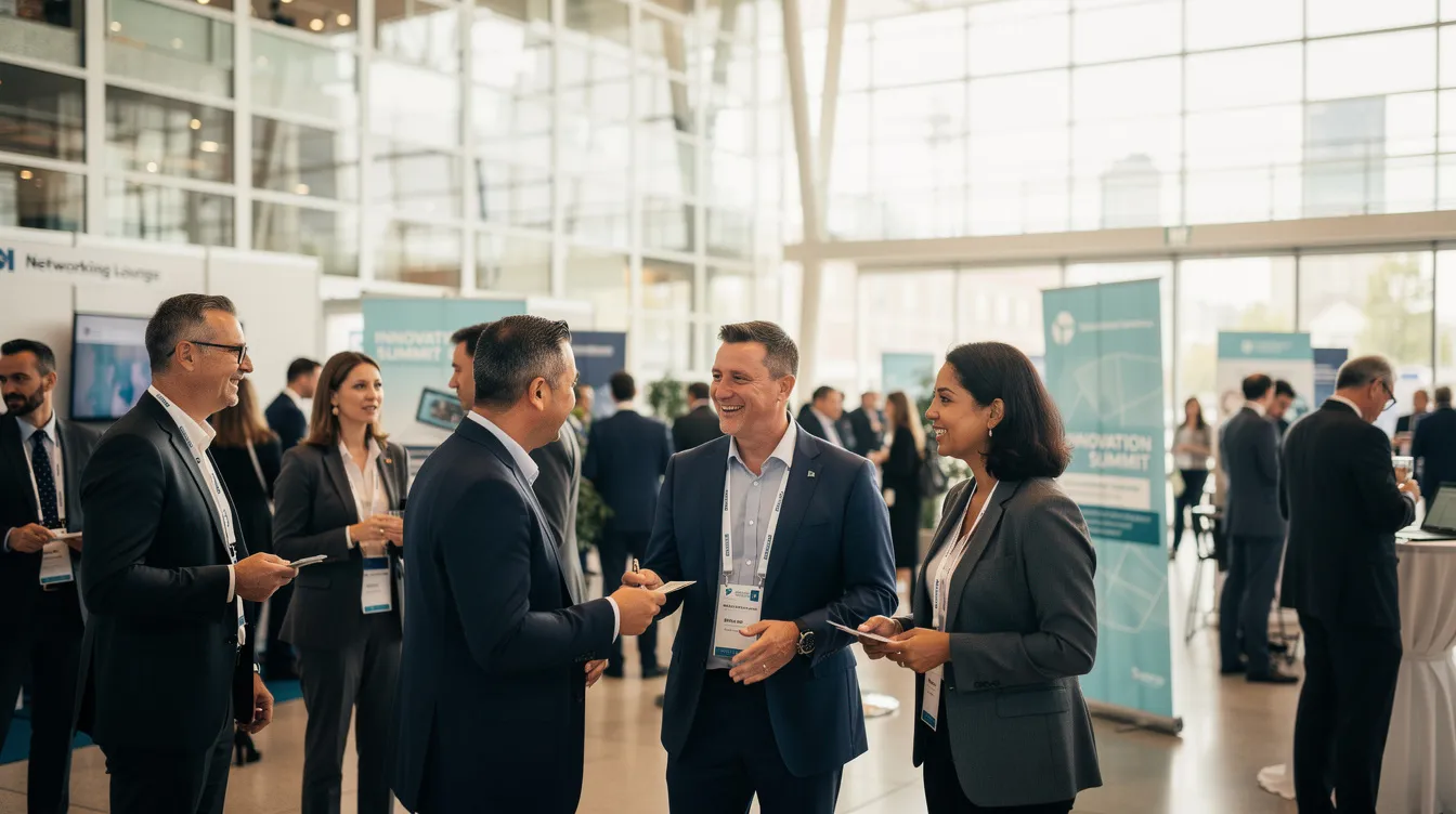 The image depicts a diverse group of professionals engaging in networking at an industry conference held in a spacious convention hall, highlighting the importance of building connections within the construction industry. Attendees are likely discussing SEO strategies for construction companies to enhance their online visibility and attract qualified leads through effective local SEO efforts.