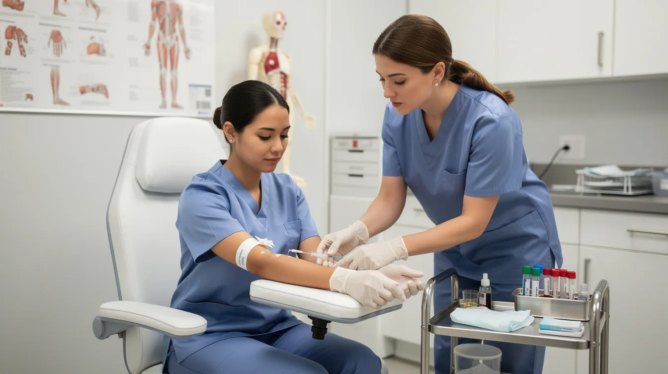 A phlebotomy student is practicing blood collection techniques with an instructor in a clean healthcare training room, surrounded by medical equipment and resources. This hands-on training is essential for students to gain the clinical experience needed to become certified phlebotomy technicians.