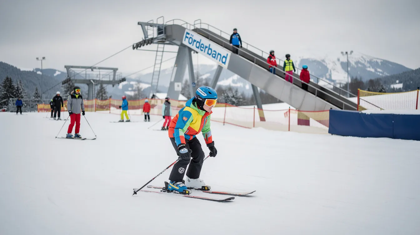 Ein Anfänger steht auf einem flachen Übungshang, umgeben von Schnee, während im Hintergrund ein Förderband zu sehen ist, das Skifahrer zur Piste bringt. Diese Szene zeigt Erwachsene und Kinder, die gemeinsam beim Skifahren lernen, Spaß haben und die Grundlagen des Skifahrens erlernen.