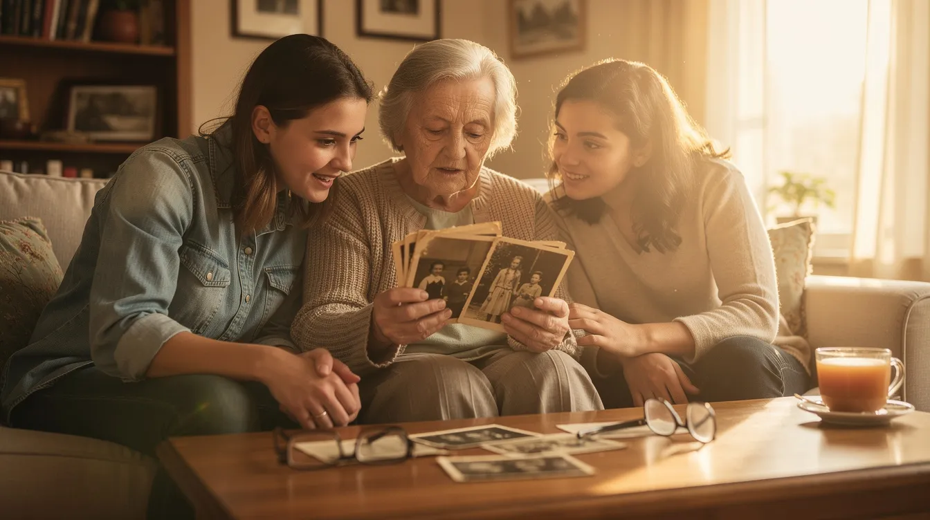 An elderly person is sharing old family photographs with younger family members, creating a warm and nostalgic atmosphere. The images likely depict moments that connect them to their Spanish roots and heritage, highlighting the importance of family history in discussions about obtaining Spanish citizenship and dual nationality.