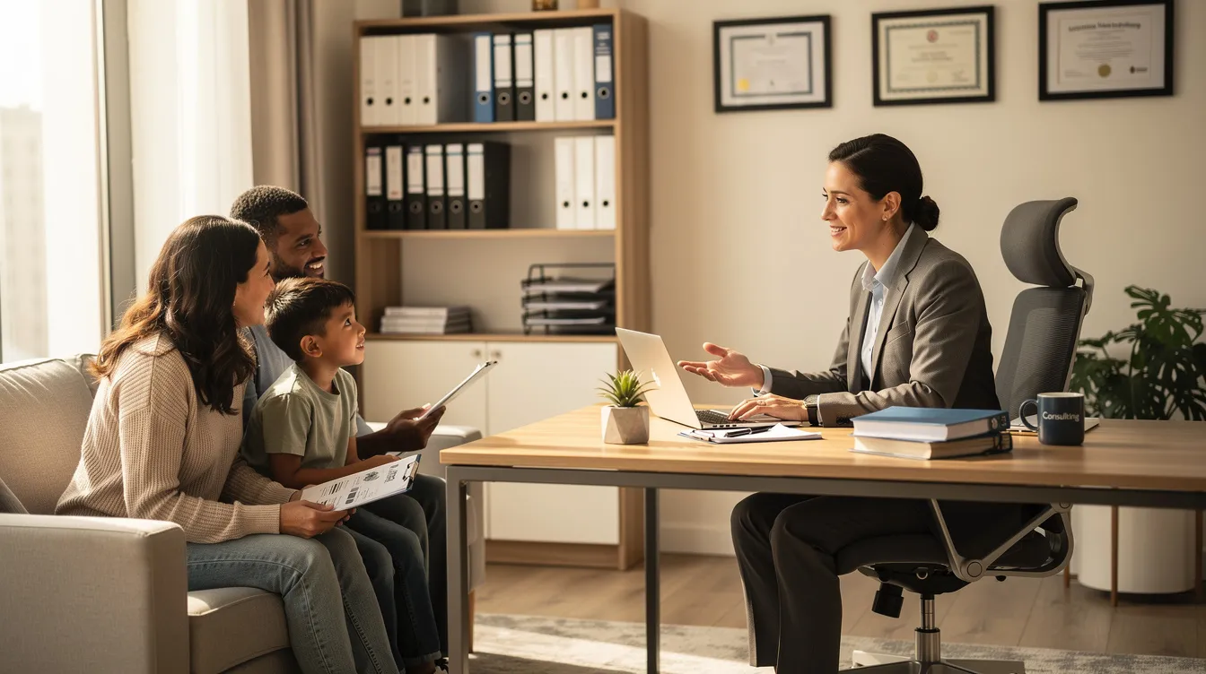 The image shows a family engaged in a consultation with a professional in an office setting, discussing important aspects of a traumatic brain injury case. They appear to be seeking guidance on medical bills and the legal process for pursuing fair compensation after a car accident.