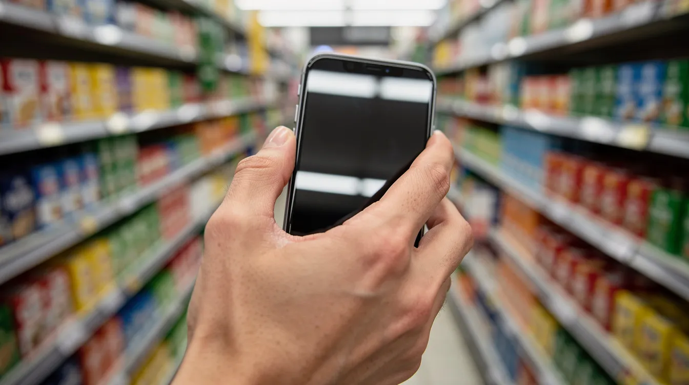 A close-up image shows a person's hand holding a smartphone while walking through a grocery store aisle, likely using a personal finance app to manage their budget and track spending. The scene highlights the integration of technology in everyday financial decisions, emphasizing the importance of financial management while shopping.