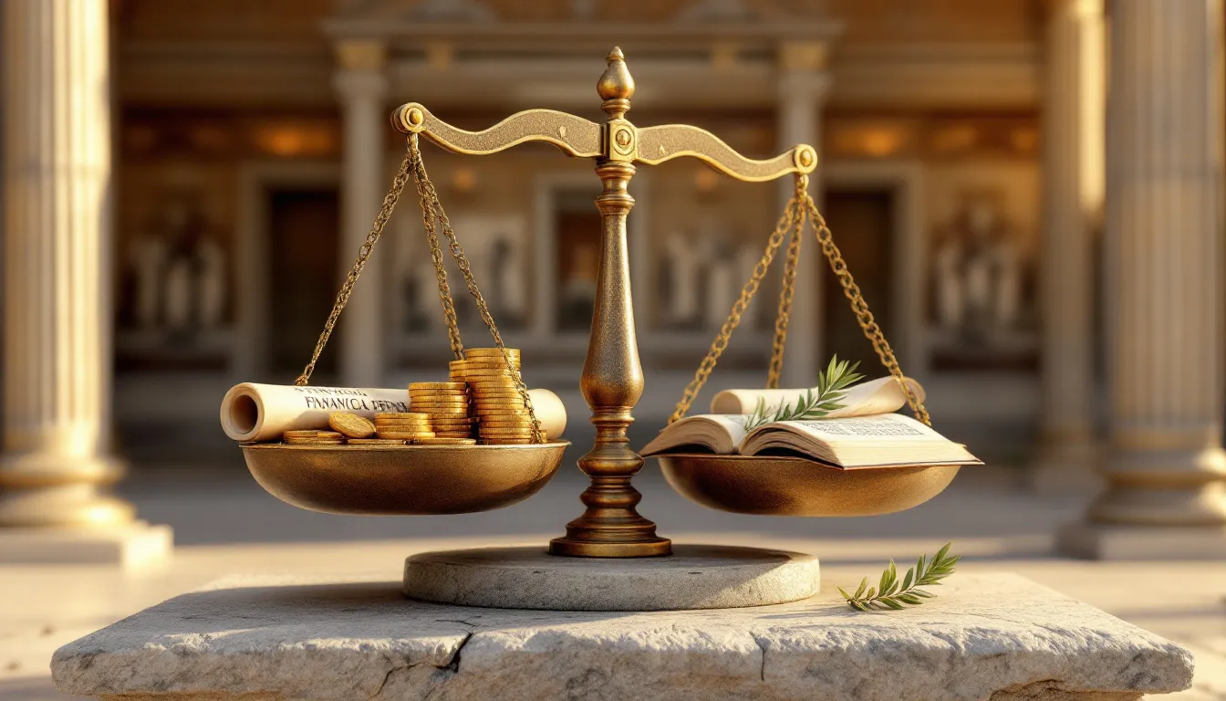The image depicts ancient scales symbolizing balanced financial planning and wisdom, reflecting the biblical principle that "God loves a cheerful giver." This representation emphasizes the importance of managing wealth with integrity, as taught in various Bible verses, reminding us that true riches come from serving God rather than the love of money.