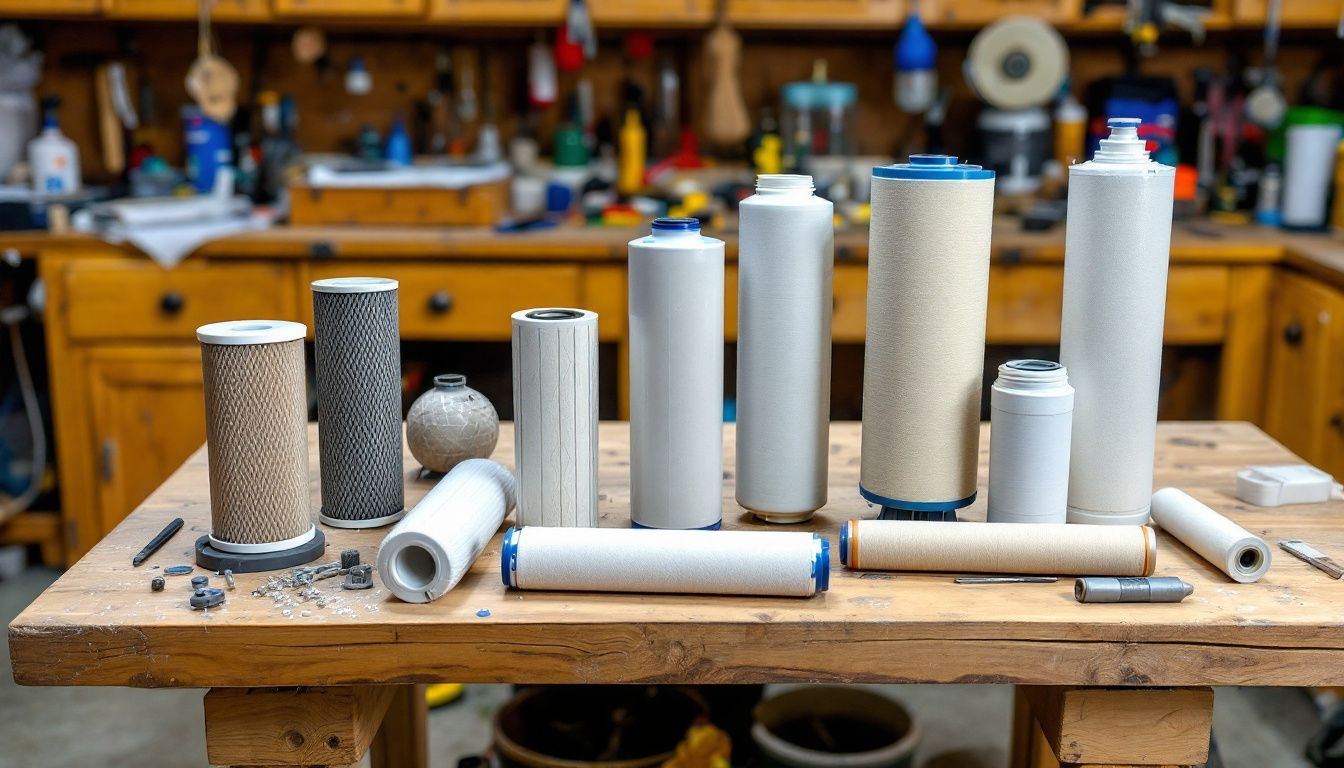 Different types of water filter cartridges displayed on a table.