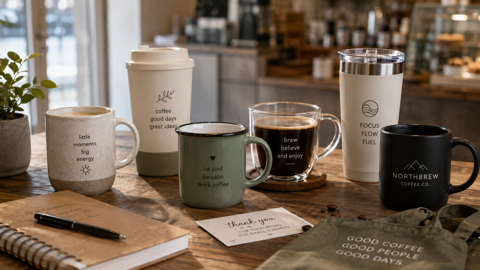 Coffee mugs and reusable cups with playful sayings on a café counter