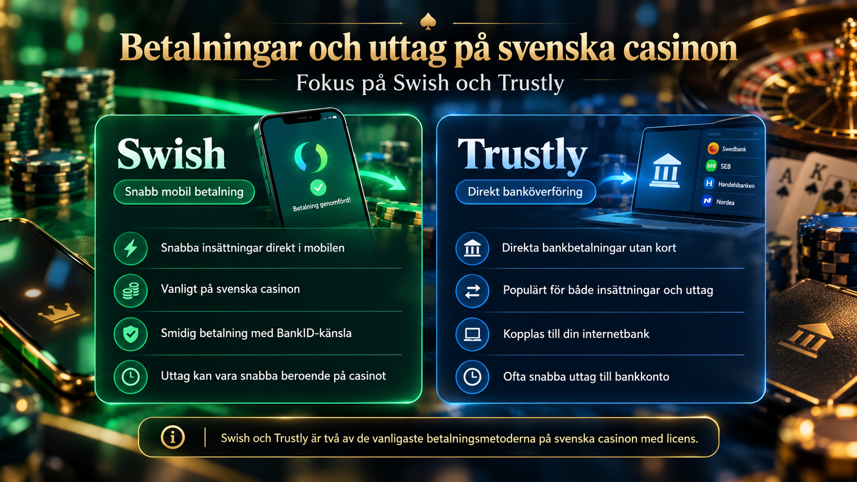 Infografik jämför Swish och Trustly för insättningar och uttag på svenska casinon med licens.