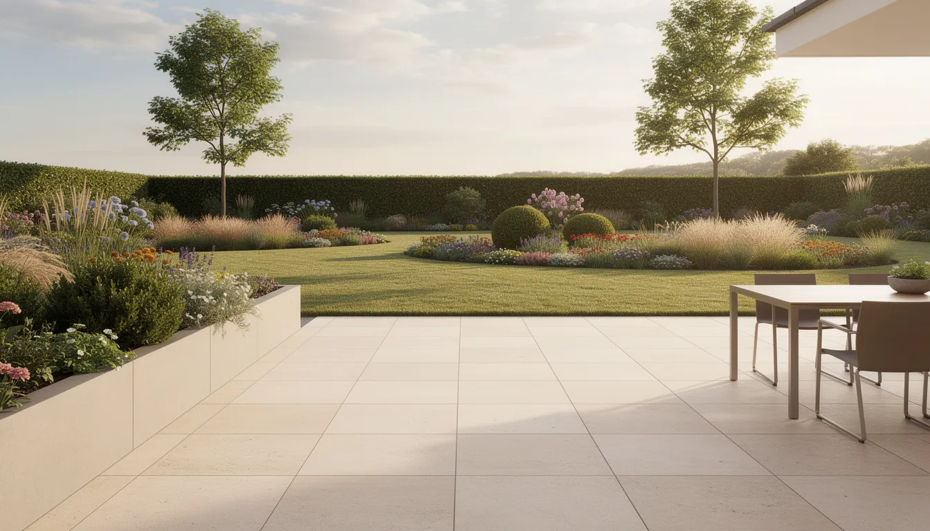 Une terrasse extérieure carrelée s'étend sur un sol élégant, offrant une vue panoramique sur un jardin paysager verdoyant. Ce cadre agréable à Saint Sébastien sur Loire invite à la détente et met en valeur le savoir-faire d'un carreleur à Vertou.