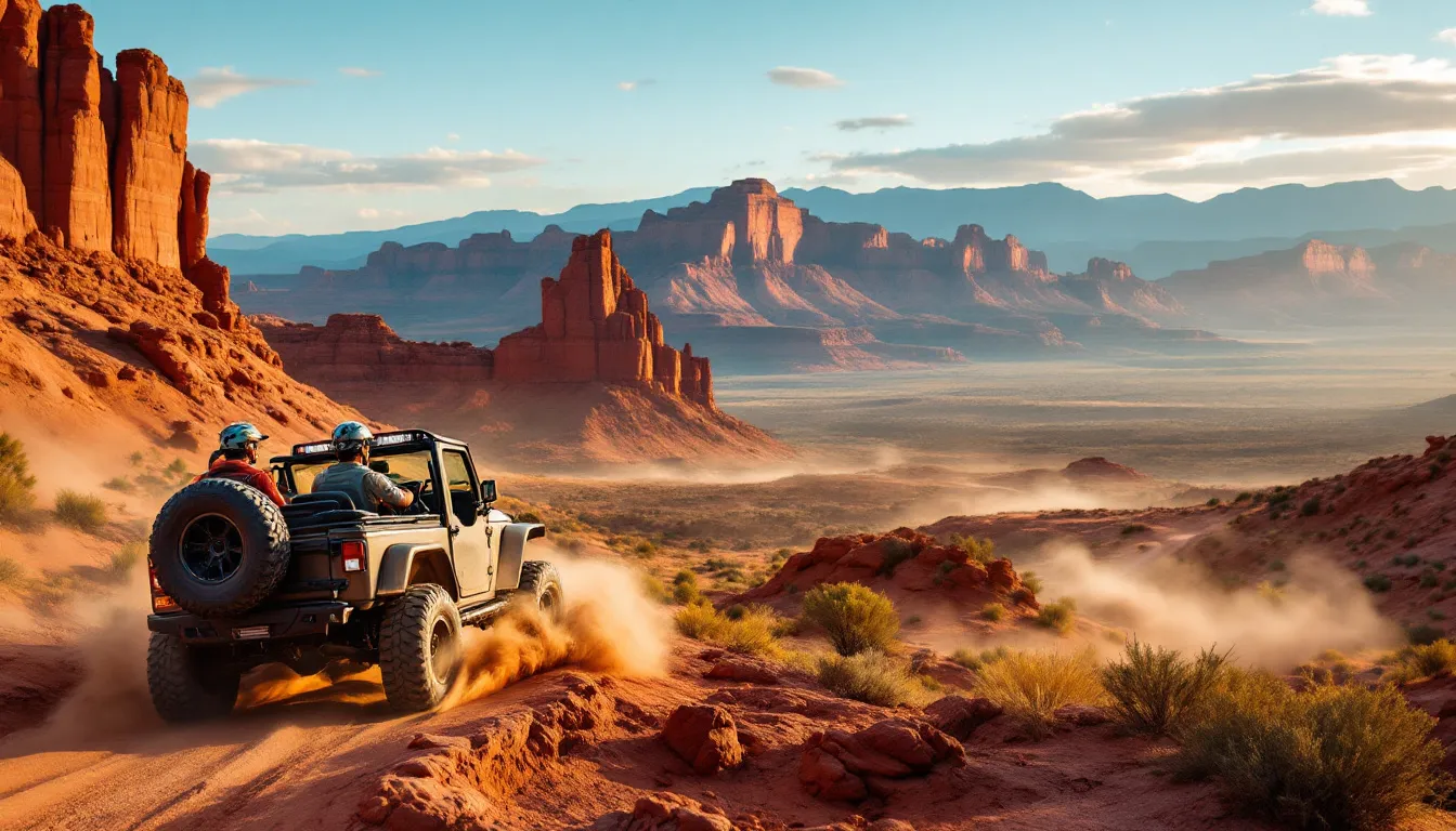 A scenic view of Moab's rugged terrain, showcasing 4x4 trails and red rocks.