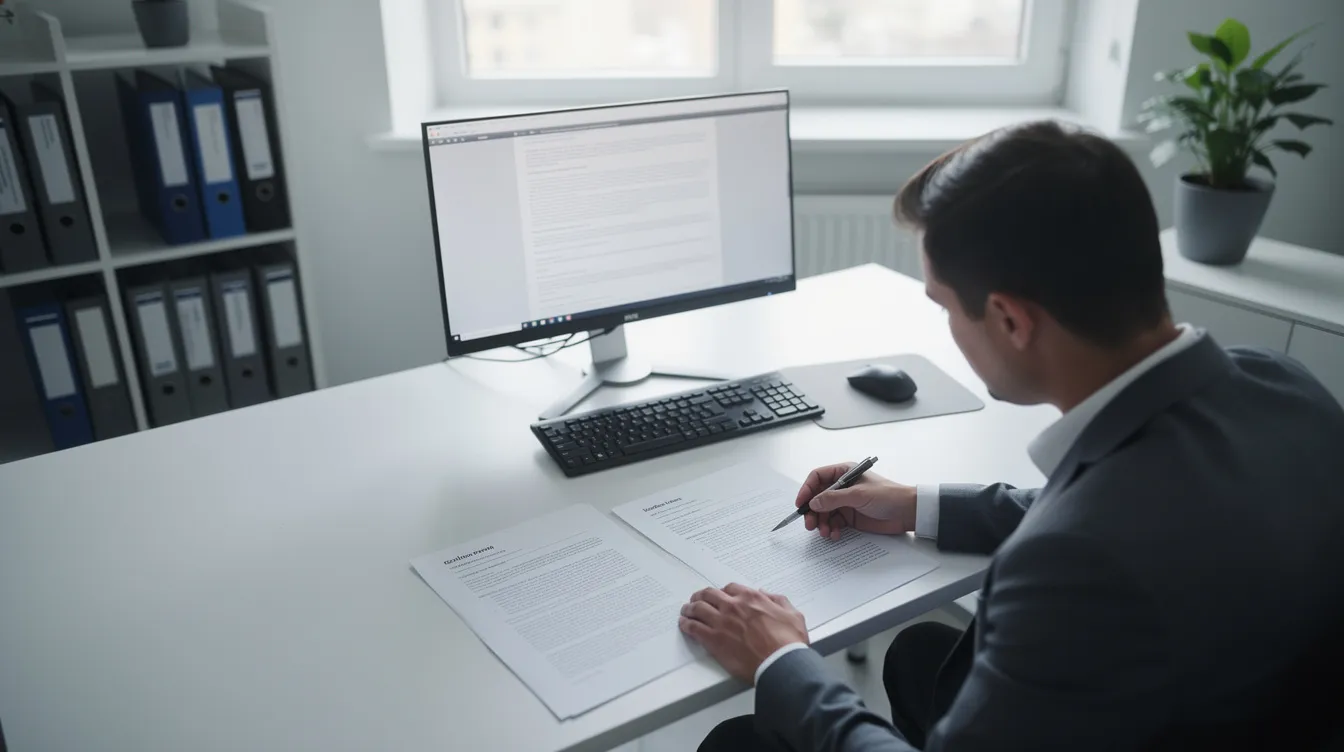 A person is sitting at a desk in an office, closely comparing two documents side by side, likely analyzing details related to financial products or loan applications. The setting suggests a focus on evaluating terms such as interest rates and repayment periods for potential loans.