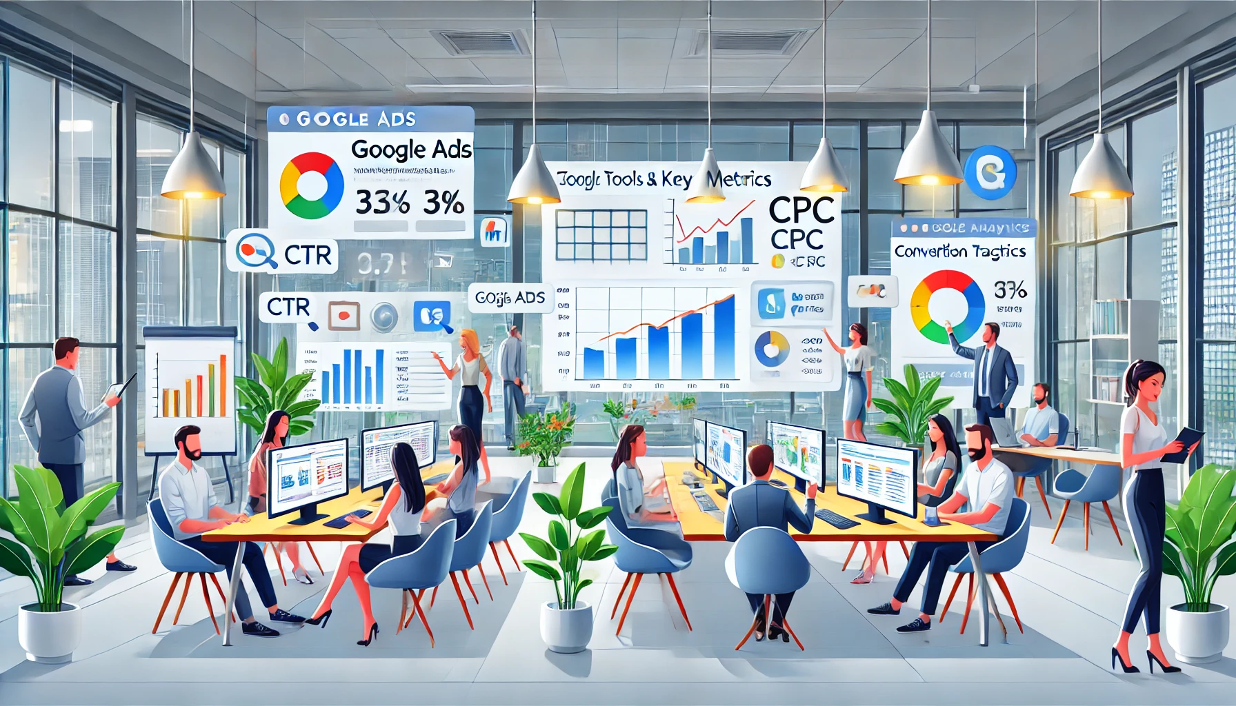 Equipo de marketing discutiendo métricas de rendimiento de Google Ads en una oficina moderna | PosicionaDigital