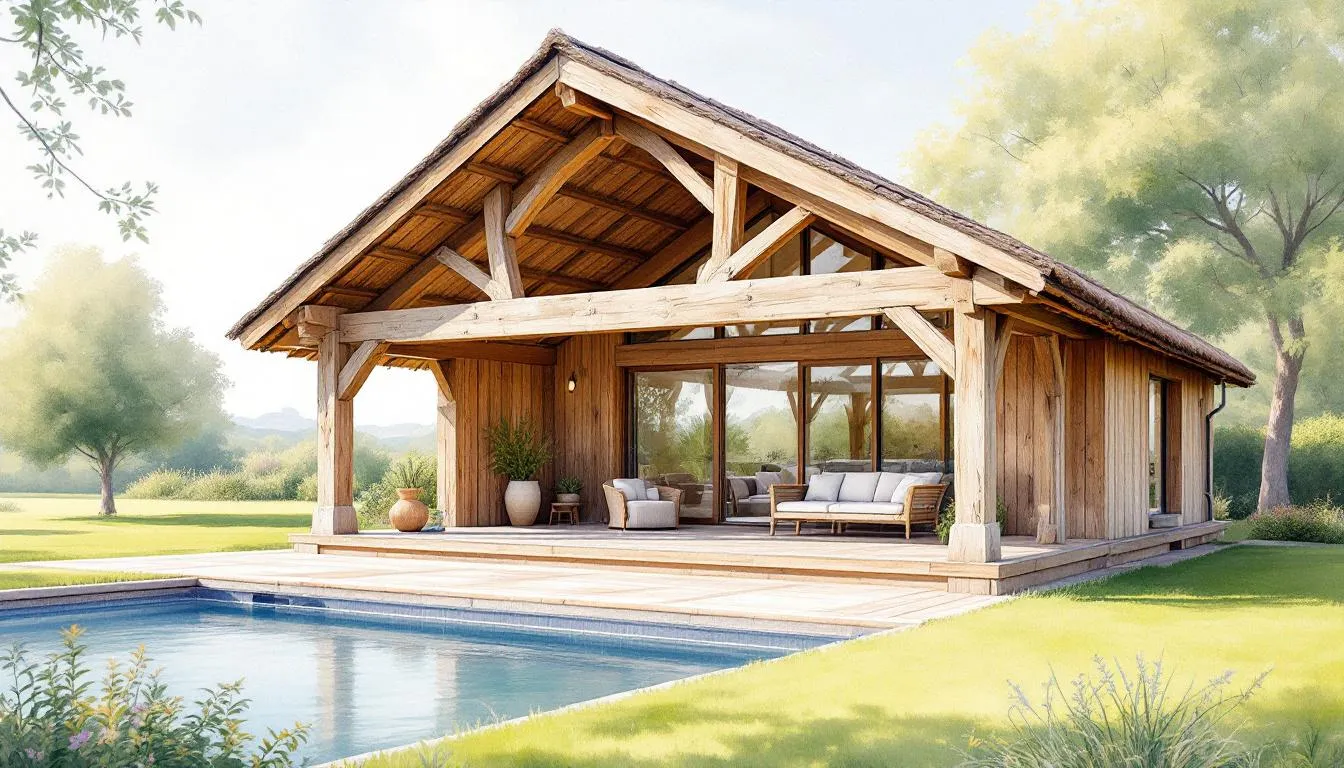 Key features of an oak framed pool building highlighted in a visual representation.