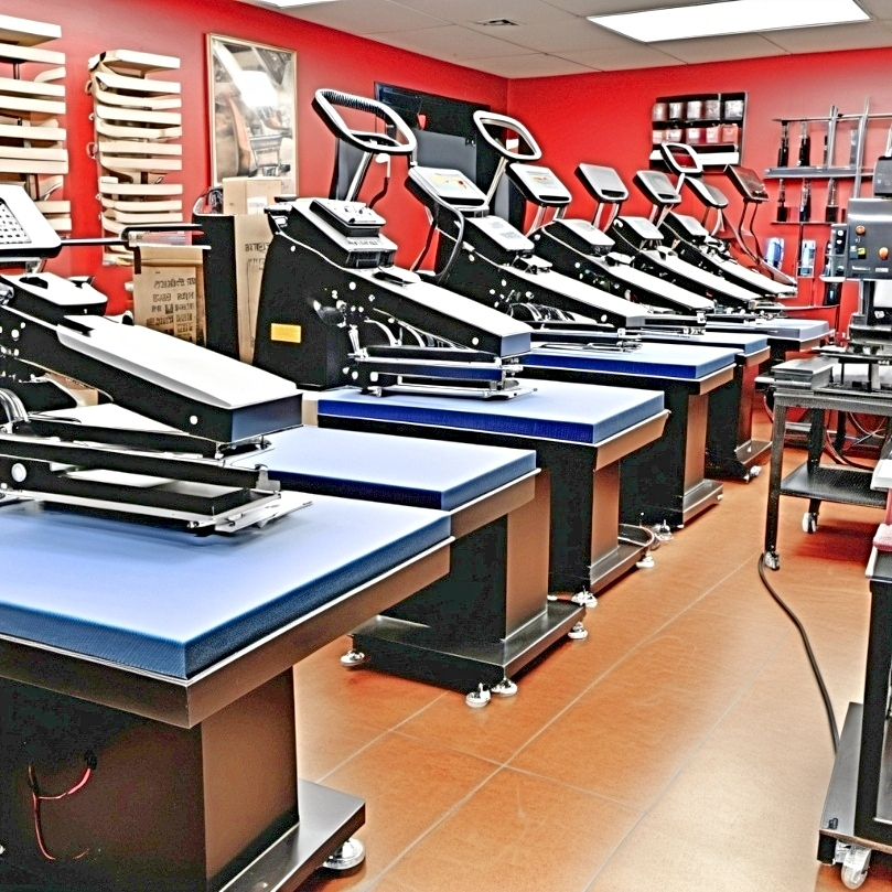 Several heat press machines on display in a shop