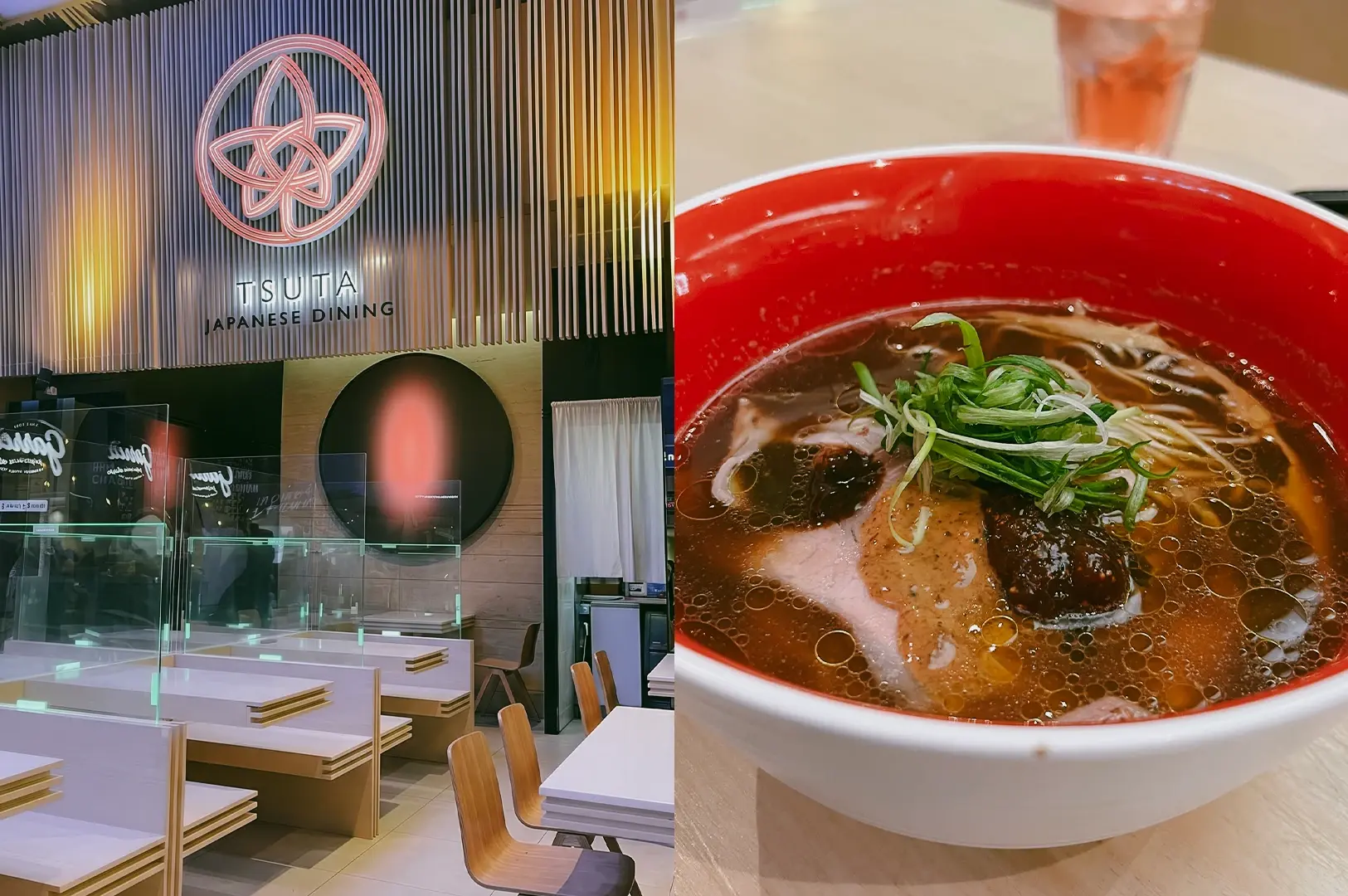 Left: An eye-level, wide-angle shot of the Tsuta Japanese Dining restaurant entrance, showing modern minimalist white dining booths partitioned by clear acrylic screens beneath a glowing pink floral logo and vertical wooden slats. Right: An eye-level, close-up shot of a white bowl filled with ramen in a dark brown broth, garnished with sliced green scallions and pork, with a blurry pink beverage in the background.
