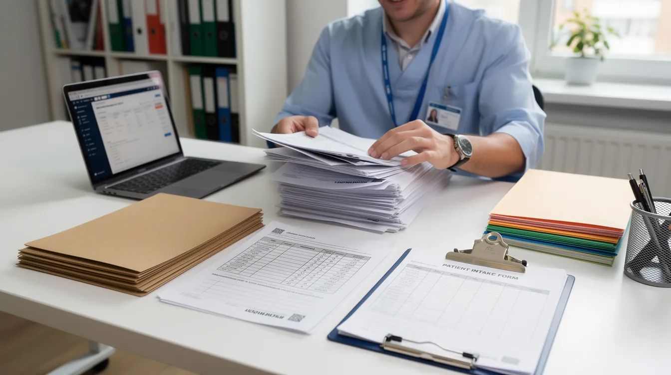 The image shows a person diligently organizing medical documents and paperwork on a desk, highlighting the importance of maintaining accurate medical records in cases of medical malpractice. This careful arrangement may be essential for victims of surgical errors seeking legal action with their medical malpractice attorneys.