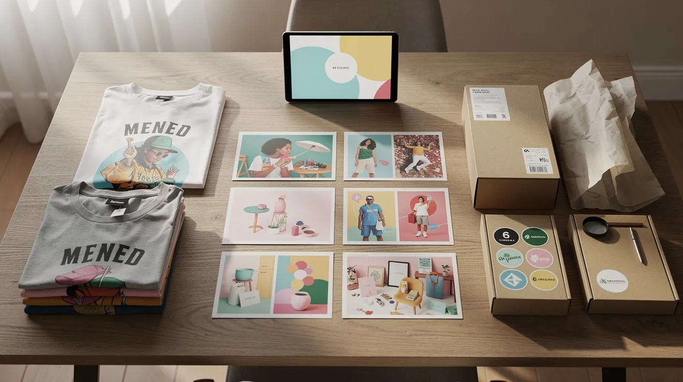The image features a creative studio table adorned with vibrant art prints, neatly folded shirts, various packaging materials, and a tablet, showcasing a blend of artistic and merchandising elements essential for online stores. This setup highlights the importance of visual storytelling and user experience in the realm of fashion brands and ecommerce websites.