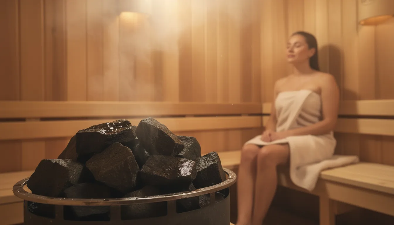 A person sits peacefully in a wooden sauna, surrounded by steam rising from hot stones, enjoying the heat therapy that activates heat shock proteins. This sauna session promotes numerous health benefits, including improved cardiovascular function and enhanced immune system response.