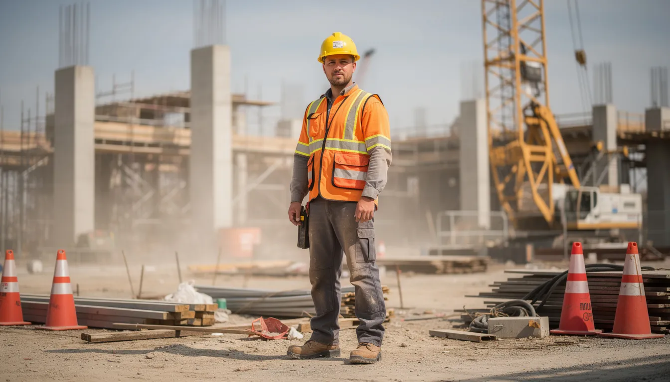 A construction worker stands at a job site, wearing a hard hat and a bright safety vest, highlighting the importance of safety in the workplace. This image reflects the environment where workplace injuries can occur, emphasizing the need for legal representation from experienced workers compensation attorneys to help injured workers navigate personal injury claims and receive the benefits they deserve.